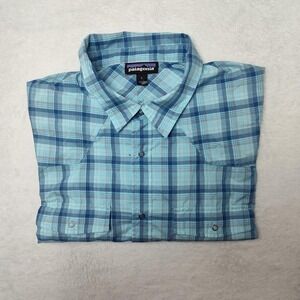Patagonia Shirt Men Large Blue Plaid Short Sleeve Snap Front Lightweight Bandito